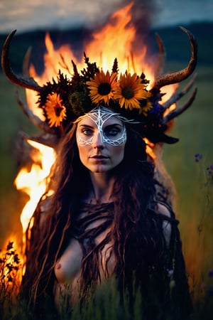 1 woman, young, Druid priestess, cloak over shoulders, open in front, body revealed, naked, in a meadow, dark night, serious expression, flowers woven into her hair, deer antlers atop head, large burning wicker man in the backgroud,
