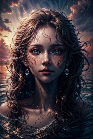 (highres,realistic:1.2),portrait,woman's face floating on waves,detailed eyes and lips,oceanic background,serene expression,flowing hair,warm sunset colors,soft lighting,wispy clouds,water droplets.