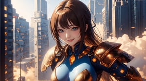 yound woman , shy, smile face, with tecnological armor red and gold,  breasts_exposed