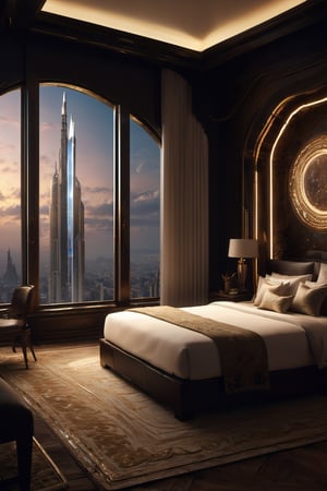 picture 8k,HQ, (best quality:1.5, hyperrealistic:1.5, photorealistic:1.4, masterpiece:1.3, madly detailed photo:1.2), midnight, night, bedroom from Ritz Carlton hotel in México City, 58th floor, futurecamisole, Renaissance Sci-Fi Fantasy,DonMn1ghtm4reXL, dark environment, warm light lamps,photo r3al