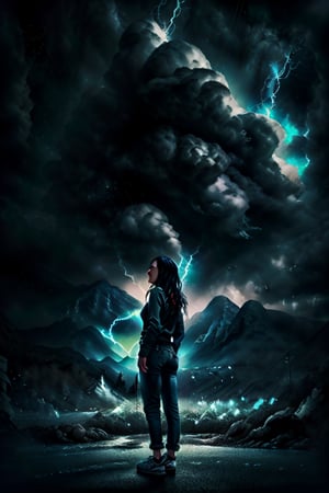 Vivid sky, dark clouds, storm, rain, highest mountain, french girl, long black hair,  blue jeans tight at the waist, bright neon colored top, shiny black sneakers. Digital Art ,fantasy00d