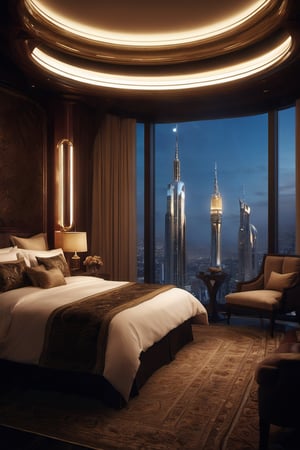 picture 8k,HQ, (best quality:1.5, hyperrealistic:1.5, photorealistic:1.4, masterpiece:1.3, madly detailed photo:1.2), midnight, night, bedroom from Ritz Carlton hotel in México City, 58th floor, view towards large windows, warm light lamps,photo r3al