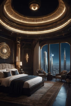 picture 8k,HQ, (best quality:1.5, hyperrealistic:1.5, photorealistic:1.4, masterpiece:1.3, madly detailed photo:1.2), midnight, night, bedroom from Ritz Carlton hotel in México City, 58th floor, view towards large windows, Renaissance Sci-Fi Fantasy,DonMn1ghtm4reXL, dark environment, warm light lamps,photo r3al