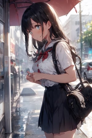 1girl, (school girl), super beautiful, cute, innocent , medium large breast, looking down, looks sad, (being saddened by the loss of a loved one), (missing), (front  view:1.5), perfect body, incoming to cry , half opened mouth,(extra long hair , beautiful black  hair, straight), ( Wearing a traditional school uniform, taking an umbrella ), (focus on her eyes), at a bus stop on a rainy day