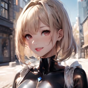 8k, (voloptuous lips:1.5), ultra cute, smiling full of compassion, with love, incoming kiss, half opened mouth, half closed eyes, heart shaped pupils, very beautiful girl, blonde, short-bob style, blushed, seductive catsuit