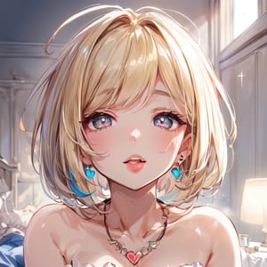 (1girl:1.5), (head shot:1.2), (eating sausage, pouting her lips ), (side view), looking at a viewer, (half closed eyes ), (half opened mouth), Perfect style, slender body,  (super beautiful big eyes, anime style :1.5), beautiful face, accurate, anatomically correct, highly detailed face and skin texture, detailed eyes, blue eyes, double eyelids, thin eyebrows, glitter eyeliner: 1.2, blushed cheeks, round face, glossy skin, fair skin: 1.2, (glossy lips: 1.4),(plump lips:1.5),  (long tongue , tongue pierce), (heart shaped pupils) , full of delight, innocent and Cute girl, BREAK  (( beautiful extra short hair, mush, bob style, messy hair:1.6)), (blonde hair, vivid black as innercolors, multi haircolor:1.5), (flashy necklace:1.5), (punkish earings), (smiling full of compassion, full of love),BREAK (focus on her lips), ((( at her bed room , gentle warm light : 1.6)), (very intimate relationships:1.6), top quality, (Masterpiece: 1.3), (Maximum resolution: 1.2), (Ultra HDTV: 1.2), Cinema light, Ultra HDTV, (Detailed eyes and skin), (Detailed facial features), HDR, 8k resolution, Sharp Focus: 1.2,