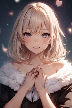 8k, (voloptuous lips:1.5), ultra cute, smiling full of compassion, with love, incoming kiss, half opened mouth, half closed eyes, heart shaped pupils, very beautiful girl, blonde, short-bob style, blushed, wearing a towel, full body shot