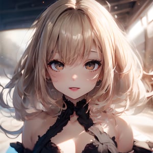 8k, (voloptuous lips:1.5), ultra cute, smiling full of compassion, with love, incoming kiss, half opened mouth, half closed eyes, heart shaped pupils, very beautiful girl, blonde, short-bob style, blushed, off shoulder top