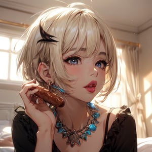 (1girl:1.5), (head shot:1.2), (eating sausage, pouting her lips ), (side view), looking at a viewer, (half closed eyes ), (half opened mouth), Perfect style, slender body, (super beautiful big eyes, anime style :1.5), beautiful face, accurate, anatomically correct, highly detailed face and skin texture, detailed eyes, blue eyes, double eyelids, thin eyebrows, glitter eyeliner: 1.2, blushed cheeks, round face, glossy skin, fair skin: 1.2, (glossy lips: 1.4), (plump lips:1.5), (long tongue, tongue pierce), (heart shaped pupils), full of delight, innocent and Cute girl, BREAK (( beautiful extra short hair, mush, bob style, messy hair:1.6)), (blonde hair, vivid black as innercolors, multi haircolor:1.5), (flashy necklace:1.5), (punkish earings), (smiling full of compassion, full of love), BREAK (focus on her lips), ((( at her bed room, gentle warm light : 1.6)), (very intimate relationships:1.6), top quality, (Masterpiece: 1.3), (Maximum resolution: 1.2), (Ultra HDTV: 1.2), Cinema light, Ultra HDTV, (Detailed eyes and skin), (Detailed facial features), HDR, 8k resolution, Sharp Focus: 1.2,