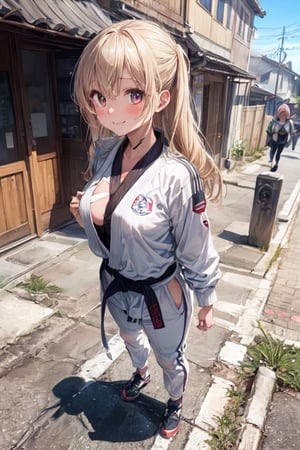 8k, top quality, masterpiece, 1girl, (making karate pattern), (Karate player, wearing karate uniform), (it consists of white front open japanese jacket, revealing necklines,  and white ankele length pants, blackbelt ), side view,  slim and soft, perfect body, translucent skin, beautiful blonde hair, very long hair, bang style, the skin is fair and juicy, super cute, asian girl, super big cute eye, shiny heart shaped pupils, round face, beautiful breast, slim curve, smiling full of compassion, full of love, ashamed, (full body shot:1.6), (focus on her neck:1.4),