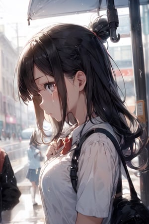 1girl, (school girl), super beautiful, cute, innocent , medium large breast, looking down, looks sad, (being saddened by the loss of a loved one), (missing), ((front  view:1.5)), perfect body, (incoming to cry:1.5) , half opened mouth,(extra long hair , beautiful black  hair, straight), ( Wearing a traditional school uniform, taking an umbrella ), (focus on her eyes), at a bus stop on a rainy day