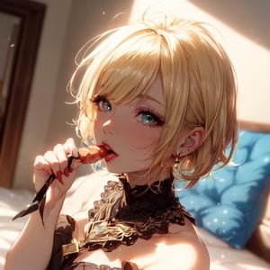 (1girl:1.5), (head shot:1.2), (eating sausage, pouting her lips ), (side view), looking at a viewer, (half closed eyes ), (half opened mouth), Perfect style, slender body, (super beautiful big eyes, anime style :1.5), beautiful face, accurate, anatomically correct, highly detailed face and skin texture, detailed eyes, blue eyes, double eyelids, thin eyebrows, glitter eyeliner: 1.2, blushed cheeks, round face, glossy skin, fair skin: 1.2, (glossy lips: 1.4), (plump lips:1.5), (long tongue, tongue pierce), (heart shaped pupils), full of delight, innocent and Cute girl, BREAK (( beautiful extra short hair, mush, bob style, messy hair:1.6)), (blonde hair, vivid black as innercolors, multi haircolor:1.5), (flashy necklace:1.5), (punkish earings), (smiling full of compassion, full of love), BREAK (focus on her lips), ((( at her bed room, gentle warm light : 1.6)), (very intimate relationships:1.6), top quality, (Masterpiece: 1.3), (Maximum resolution: 1.2), (Ultra HDTV: 1.2), Cinema light, Ultra HDTV, (Detailed eyes and skin), (Detailed facial features), HDR, 8k resolution, Sharp Focus: 1.2,