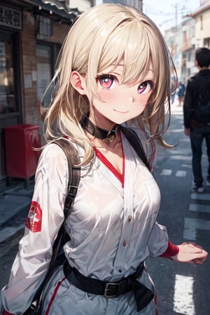 8k, top quality, masterpiece, 1girl, (Karate player, wearing karate uniform), (it consists of white front open japanese jacket, revealing necklines,  and white ankele length pants, blackbelt ), side view,  slim and soft, perfect body, translucent skin, beautiful blonde hair, very long hair, bang style, the skin is fair and juicy, super cute, asian girl, super big cute eye, shiny heart shaped pupils, round face, beautiful breast, slim curve, smiling full of compassion, full of love, ashamed, (focus on her neck:1.4),