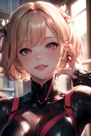 8k, (voloptuous lips:1.5), ultra cute, smiling full of compassion, with love, incoming kiss, half opened mouth, half closed eyes, heart shaped pupils, very beautiful girl, blonde, short-bob style, blushed, seductive catsuit