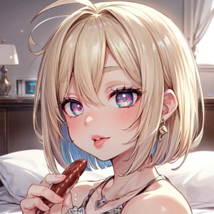 (1girl:1.5), (head shot:1.2), (eating sausage, pouting her lips ), (side view), looking at a viewer, (half closed eyes ), (half opened mouth), Perfect style, slender body,  (super beautiful big eyes, anime style :1.5), beautiful face, accurate, anatomically correct, highly detailed face and skin texture, detailed eyes, blue eyes, double eyelids, thin eyebrows, glitter eyeliner: 1.2, blushed cheeks, round face, glossy skin, fair skin: 1.2, (glossy lips: 1.4),(plump lips:1.5),  (long tongue , tongue pierce), (heart shaped pupils) , full of delight, innocent and Cute girl, BREAK  (( beautiful extra short hair, mush, bob style, messy hair:1.6)), (blonde hair, vivid black as innercolors, multi haircolor:1.5), (flashy necklace:1.5), (punkish earings), (smiling full of compassion, full of love),BREAK (focus on her lips), ((( at her bed room , gentle warm light : 1.6)), (very intimate relationships:1.6), top quality, (Masterpiece: 1.3), (Maximum resolution: 1.2), (Ultra HDTV: 1.2), Cinema light, Ultra HDTV, (Detailed eyes and skin), (Detailed facial features), HDR, 8k resolution, Sharp Focus: 1.2,