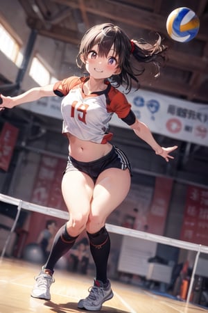 8k, top quality, masterpiece, 1girl, (spiking volleyball), (volleyball player, wearing uniform), (it consists of tanktop , and slim fit shorts , baring navel ), ((dynamic pose:1.6)), ((dynamic angle:1.6)), side view,  slim and soft, perfect body, translucent skin, beautiful blonde hair, very long hair, bang style, the skin is fair and juicy, super cute, asian girl, super big cute eye, shiny heart shaped pupils, round face, beautiful breast, slim curve, smiling full of compassion, full of love, ashamed, (full body shot:1.6), (focus on her navel:1.4),(at a gym, blur effect;1.6)