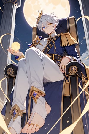 score_9, score_8_up, score_7_up, masterpiece, best quality, lots of details,Expressiveh,solo,1boy,noahcelestia,looking at viewer, short hair, blue eyes, white hair, hair between eyes, jewelry, closed mouth, ring, epaulettes,yellow eyes,heterochromia,blue_moon,yellow_moon,silver_moon,toeless_legwear,tiara,god rays,evil_smile,purple ring,throne,magic,runes,from below