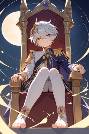 score_9, score_8_up, score_7_up, masterpiece, best quality, lots of details,Expressiveh,solo,shota,noahcelestia,looking at viewer, short hair, blue eyes, white hair, hair between eyes, jewelry, closed mouth, ring, epaulettes,yellow eyes,heterochromia,blue_moon,yellow_moon,silver_moon,toeless_legwear,tiara,god rays,evil_smile,purple ring,throne,magic,runes,from below