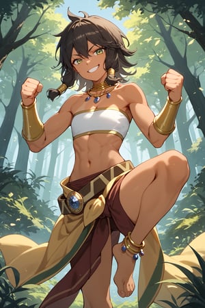 sscore_9, score_8_up, score_7_up, masterpiece, best quality, lots of details,Expressiveh,1girl,tiona hiryute, tan, necklace, neck rings, white bandeau, belt, sarong, bracer, anklet, looking at you, smirk, clenched hands, blue sky, forest, standing on one leg