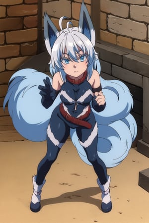 score_9, score_8_up, score_7_up, source_anime,healersetsuna, setsuna, blue eyes, animal ears, blue hair, ahoge, white hair, wolf ears, full body suit, tail, belt, wolf tail, high collar, interior room, stone chamber, looking at viewer, dutch angle, suit latex, black suit