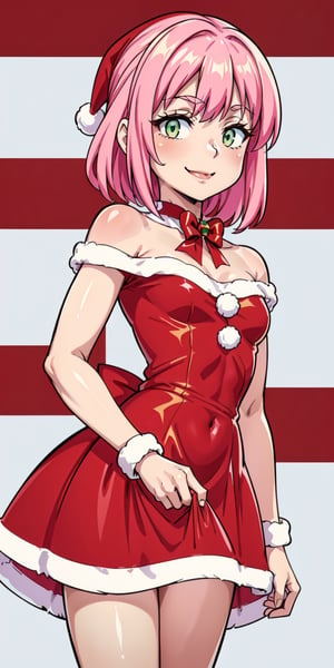 aanorn, The image shows a girl wearing a ((red dress and white Santa hat)).  The girl has cut pink hair and wears a red and white striped scarf around her neck.  She is smiling and holding a small gift box in her hand.  The background is a white wall with a red and white striped border.  The overall atmosphere of the image is joyful and festive, al1, green eyes, choker on the neck, Christmas, Christmas tree, Santa's bikini, aanorn, Norn