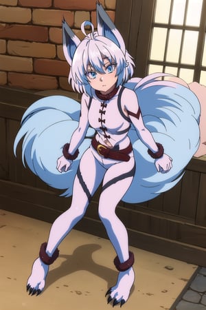 score_9, score_8_up, score_7_up, source_anime,healersetsuna, setsuna, blue eyes, animal ears, wolf feet, blue hair, ahoge, white hair, wolf ears, full body suit, tail, belt, red belt, wolf tail, high collar, interior room, stone chamber, looking at viewer, dutch angle, suit latex, black suit