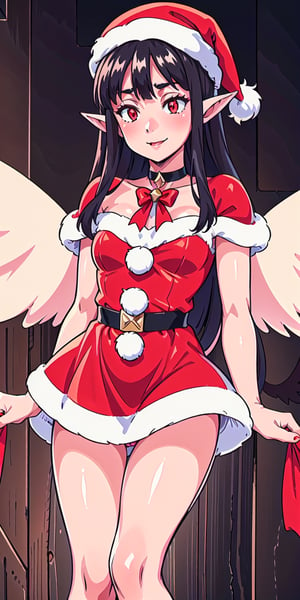 aaEve, The image shows a woman wearing a ((red dress and white Santa hat)).  The woman has long black hair and wears a red and white striped scarf around her neck.  She is smiling and holding a small gift box in her hand.  The background is a white wall with a red and white striped border.  The overall atmosphere of the image is joyful and festive, al1, holds, ((big angel wings black on the back)), black wings, red eyes, pointed elf ears,pointed elf ears, choker on the neck, Christmas, Christmas tree, Santa's bikini, , evereese,Christmas