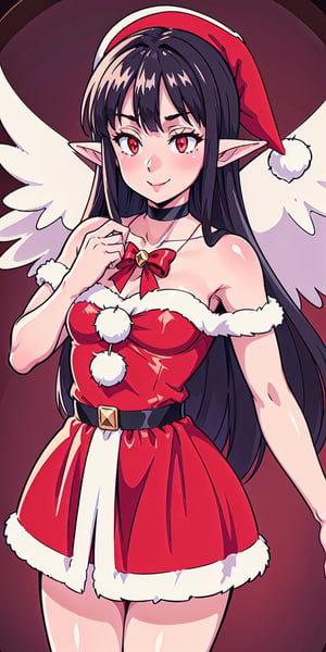 aaEve, The image shows a woman wearing a ((red dress and white Santa hat)).  The woman has long black hair and wears a red and white striped scarf around her neck.  She is smiling and holding a small gift box in her hand.  The background is a white wall with a red and white striped border.  The overall atmosphere of the image is joyful and festive, al1, holds, ((big angel wings on the back)), ((black plumage in the wings)), red eyes, pointed elf ears,pointed elf ears, choker on the neck, Christmas, Christmas tree, Santa's bikini, , evereese,Christmas