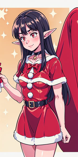 aaEve, The image shows a woman wearing a ((red dress and white Santa hat)).  The woman has long black hair and wears a red and white striped scarf around her neck.  She is smiling and holding a small gift box in her hand.  The background is a white wall with a red and white striped border.  The overall atmosphere of the image is joyful and festive, al1, holds, black angel wings on the back, red eyes, pointed elf ears, choker on the neck, Christmas, Christmas tree, Santa's bikini, , evereese,Christmas