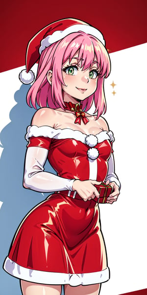 aanorn, The image shows a girl wearing a ((red dress and white Santa hat)).  The girl has cut pink hair and wears a red and white striped scarf around her neck.  She is smiling and holding a small gift box in her hand.  The background is a white wall with a red and white striped border.  The overall atmosphere of the image is joyful and festive, al1, green eyes, choker on the neck, Christmas, Christmas tree, Santa's bikini, aanorn, Norn