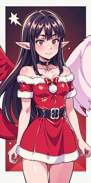 aaEve, The image shows a woman wearing a ((red dress and white Santa hat)).  The woman has long black hair and wears a red and white striped scarf around her neck.  She is smiling and holding a small gift box in her hand.  The background is a white wall with a red and white striped border.  The overall atmosphere of the image is joyful and festive, al1, holds, ((angel wings on the back)), black plumage, red eyes, pointed elf ears,pointed elf ears, choker on the neck, Christmas, Christmas tree, Santa's bikini, , evereese,Christmas