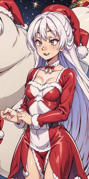 aaKureha, The image shows a woman wearing a ((red dress and white Santa hat)).  The woman has long silver hair and wears a red and white striped scarf around her neck.  She is smiling and holding a small gift box in her hand.  The background is a white wall with a red and white striped border.  The overall atmosphere of the image is joyful and festive, al1, holds a samurai katana, bule eyes, choker on the neck, Christmas, Christmas tree, Santa's bikini, ,kurehaclyret