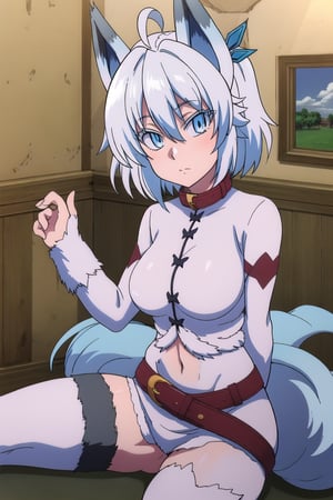 score_9, score_8_up, score_7_up, source_anime,healersetsuna, setsuna, blue eyes, animal ears, wolf feet, blue hair, ahoge, white hair, wolf ears, tail, belt, wolf tail, high collar, interior room, stone chamber, looking at viewer, dutch angle, suit latex, suit color red,