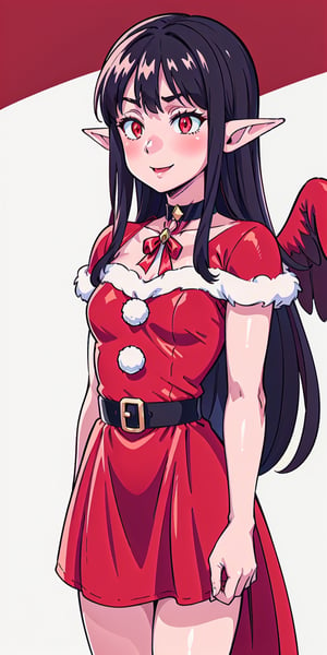 aaEve, The image shows a woman wearing a ((red dress and white Santa hat)).  The woman has long black hair and wears a red and white striped scarf around her neck.  She is smiling and holding a small gift box in her hand.  The background is a white wall with a red and white striped border.  The overall atmosphere of the image is joyful and festive, al1, holds, ((black angel wings on the back)), red eyes, pointed elf ears,pointed elf ears, choker on the neck, Christmas, Christmas tree, Santa's bikini, , evereese,Christmas