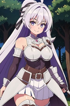 masterpiece, best quality, ultra-detailed, beautiful detailed eyes, extremely detailed eyes and face, 1girl, kurehaclyret, hair ribbon, armor, breastplate, ahoge, elbow gloves, belt, white skirt, pleated skirt, thigh boots, purple footwear, ((large breasts)), standing, looking at viewer, smiling, forest, cowboy shot, upper body, 