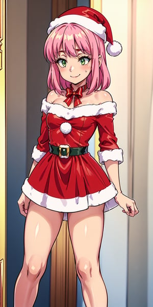 aanorn, The image shows a girl wearing a ((red dress and white Santa hat)).  The girl has cut pink hair and wears a red and white striped scarf around her neck.  She is smiling and holding a small gift box in her hand.  The background is a white wall with a red and white striped border.  The overall atmosphere of the image is joyful and festive, al1, green eyes, choker on the neck, Christmas, Christmas tree, Santa's bikini, aanorn, Norn