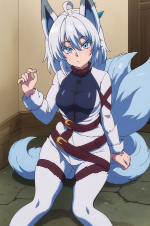 score_9, score_8_up, score_7_up, source_anime,healersetsuna, setsuna, blue eyes, animal ears, wolf feet, blue hair, ahoge, white hair, wolf ears, tail, belt, wolf tail, high collar, interior room, stone chamber, looking at viewer, dutch angle, suit latex, suit color blue, color blue