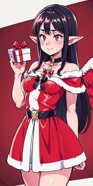 aaEve, The image shows a woman wearing a ((red dress and white Santa hat)).  The woman has long black hair and wears a red and white striped scarf around her neck.  She is smiling and holding a small gift box in her hand.  The background is a white wall with a red and white striped border.  The overall atmosphere of the image is joyful and festive, al1, holds, ((big angel wings black on the back)), red eyes, pointed elf ears,pointed elf ears, choker on the neck, Christmas, Christmas tree, Santa's bikini, , evereese,Christmas