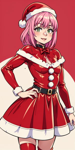 aanorn, The image shows a girl wearing a ((red dress and white Santa hat)).  The girl has cut pink hair and wears a red and white striped scarf around her neck.  She is smiling and holding a small gift box in her hand.  The background is a white wall with a red and white striped border.  The overall atmosphere of the image is joyful and festive, al1, green eyes, choker on the neck, Christmas, Christmas tree, Santa's bikini, aanorn, Norn