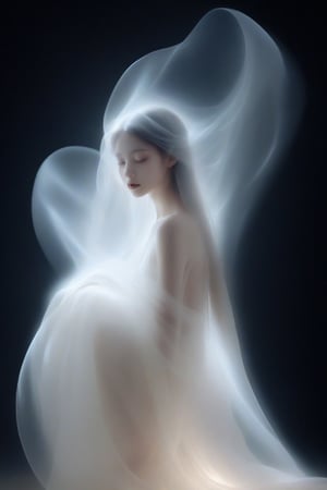 Create a spectral woman with a (translucent appearance:1.3), Her form is barely tangible, with a soft glow emanating from her gentle contours, The surroundings subtly distort through her ethereal presence, casting a dreamlike ambiance,xxmixgirl,NYFlowerGirl