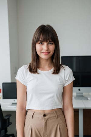RAW Photo, DSLR BREAK a young woman with bangs, (light smile:0.8), (smile:0.5), wearing relaxed shirt and trousers, causal clothes, (looking at viewer), focused, (modern and cozy office space), design agency office, spacious and open office, Scandinavian design space BREAK detailed, natural light