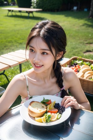 Best quality, masterpiece, ultra high res, raw photo, beautiful and aesthetic,deep shadow, dark theme,(photorealistic:1.4),
(1girl,  teasing smile, ((nfsw)), hair braid, flower print sundress,  small face), slim body, fit, ((picnic table)), (((delicious food))),
outdoors,
