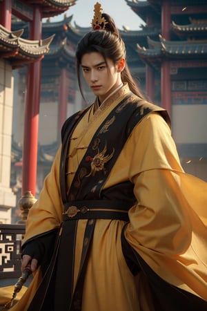Epic CG masterpiece, A Chinese Tang dynasty emperor,by guopei Wuxia,handsome, MAX Masculinity, straight crown, golden Taoist robe, palace background, Tang dynasty, royal, dynamic poses, stunning colors, 3D rendering, surrealism, cinematic lighting effects, realism, 00 renderer, super realistic,