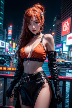 1girl, orange_hair, orange_eyes, long_hair, ponytail, looking_at_viewer, blurry_background, city, long hair, red_lips, blurry, medium_breasts, closed_mouth, orange clothing_cutout, night, realistic, choker, city_lights, multiple_views, cyberpunk clothes, variations, navel, neon_lights, jewelry, orange top, black skirt, gloves, glowing, cityscape, belt, hair_ornament, building, hair ornament, futuristic attire