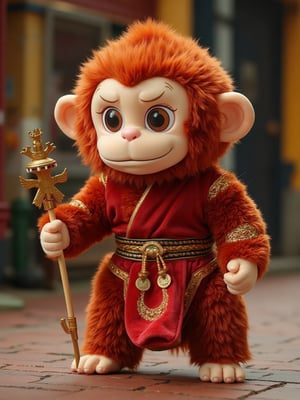 full length hyper realistic labubu plush toy wear monkey king costume and holding a monkey king bar