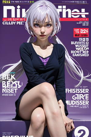 (masterpiece, best quality:1.2),
1girl,
(Dynamic pose:0.88),
(solo:1.5),
(cowboy shot:1.2),
(from side way:0.3),
(thigh:0.3),

((white hair, light purple hair)), purple eyes, low twintails, twintails, very long hair,
(((child))), sitting, crossing legs,

(floating hair:1.1),
(magazine cover title:1.3) ,More Detail,