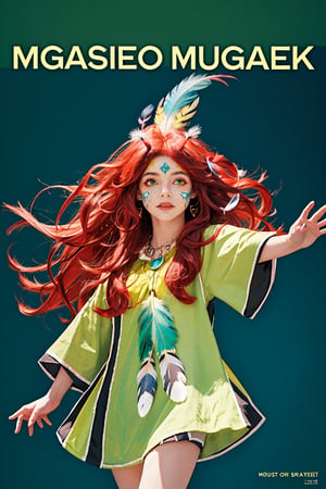 (masterpiece, best quality:1.2),
1girl,
(Dynamic pose:0.88),
(solo:1.5),
(cowboy shot:1.2),
(from side way:0.43),
(thigh:0.6),


Popoi, child,( long red hair), hair ornament ((head feathers)), green decorative tunic, yellow-green eyes, huge blue necklace, androgynous, ((red and blue facepaint)), ((darkness background)), indoor, night,

(floating hair:1.1),
(magazine cover title:1.3) ,More Detail,