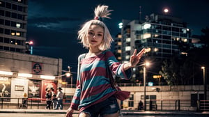 (masterpiece, best quality:1.2),
1girl,
look at viewer,
white hair,
roxie, 
roxie (pokemon),
top knot, 
striped shirt, 
thigh,
(cowboy shot),
,roxie (pokemon),







Motion: Bouncing
Expression: Energetic
Setting: Skatepark under city lights
Interaction: High-fiving a skater
Time: Vibrant sunset
City Element: Blaring guitar riffs from a live band