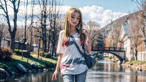 (masterpiece, best quality:1.2),
1girl,
thigh,
(gold hair),
very long hair,
oversized shirt, 
sidelocks, 
facepaint, 
(smile:0.5),
denim pants, 
look at viewer,
(cowboy shot),




Beneath the swaying willows, she found solace by the babbling brook, a symphony of nature