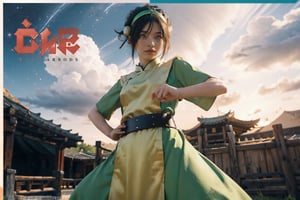 (masterpiece, best quality:1.2),
1girl,
(magazine cover title:1.4),
(Dynamic pose:0.5),
look at viewer,
(solo:1.5),
(cowboy shot:1.2),
(from top down:0.9),
(thigh:0.4),

, black hair, 
hairband, belt, short hair, dress, blue eyes, hair bun, green hairband, blind, chinese clothes, hair bun, green dress, short sleeves, cowboy shot, pelvic curtain, fighting stance,
Chinese style,
Chinese architecture,
starry sky, solo